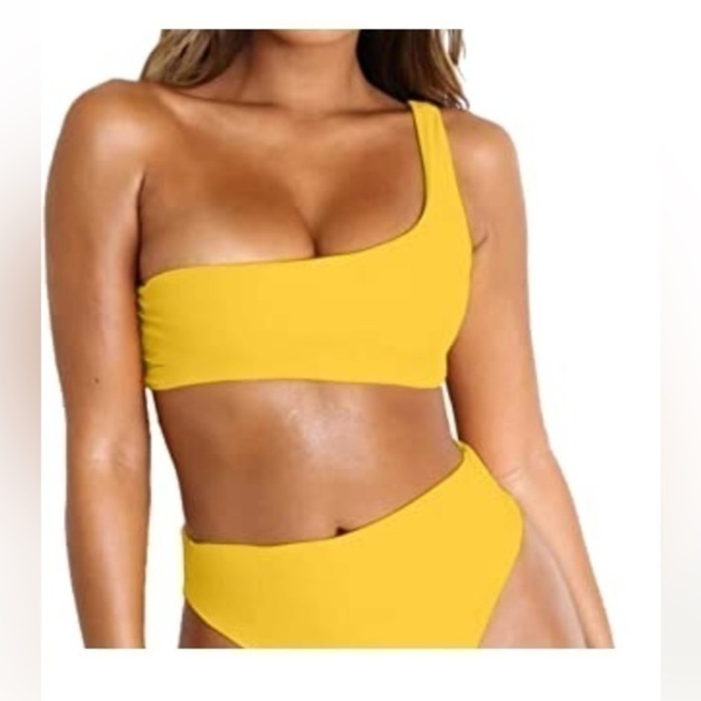 Byoauo Yellow Bikini One Shoulder Top with High Waisted Bottom Swimsuit
